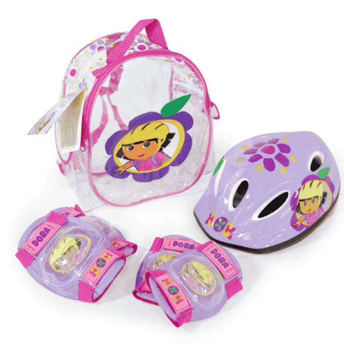 Mochila de Casco y Protecciones, con diseños exclusivos de Dora la Exploradora. Mochila de Casco y Protecciones, con diseños exclusivos de Dora la Exploradora.