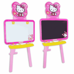Pizarra infantil de 3 patas, de plástico, doble cara, con diseños exclusivos de Hello Kitty, en color Rosa Una cara para pintar con rotulador y la otra con tiza. Repisa para accesorios. De acuerdo a la normativa CE. +3